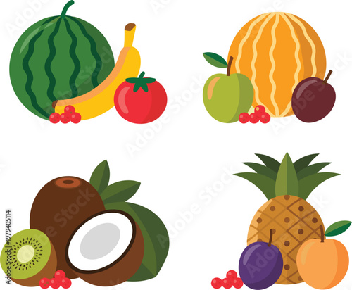 Tropical fruit composition collection, flat organic food sets with watermelon, pineapple and coconut for healthy design vector