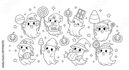 Halloween ghosts wearing hats and candy.