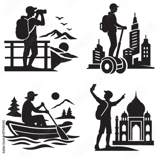 Travel and adventure silhouettes with nature urban water and cultural exploration