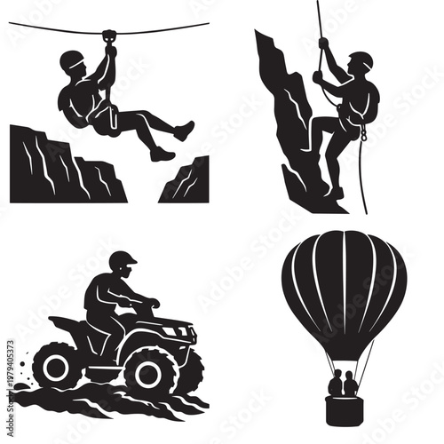 Outdoor adventure silhouettes with ziplining climbing ATV riding and hot air balloon