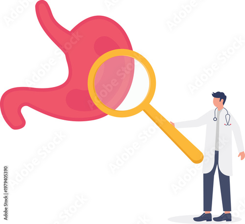 Doctor checking a giant human stomach with a magnifier