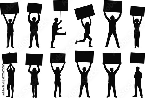 A collection of diverse black silhouettes of people holding blank signs aloft in various poses of protest or demonstration against a white background