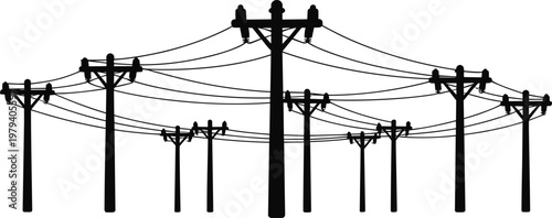 A dense arrangement of black utility poles and tangled overhead power lines creating a chaotic yet organized network against a white backdrop