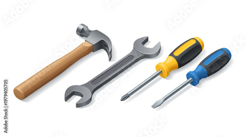 Assortment of Hand Tools Hammer Wrench and Screwdrivers for Repair.