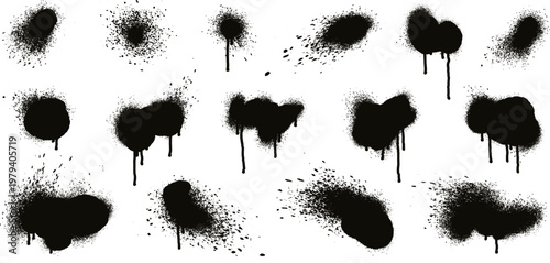Hand drawn graffiti blots, black spray paint dots with drips and splatters. Grunge ink blot with overspray, messy paint splashes, abstract urban texture, street art elements vector set