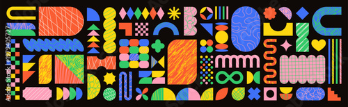 Colorful geometric shapes with hand drawn pencil scribbles, textured geometric forms. Retro groovy stickers, fun abstract forms and basic figures, playful childish swiss aesthetic element vector set