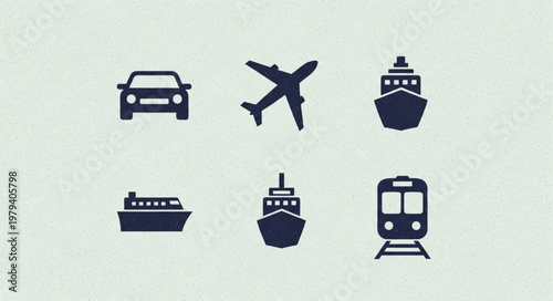 Collection of transportation icons including car airplane ship and train.