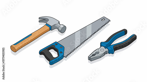 Hand Tools Set Hammer Saw and Pliers Illustration.