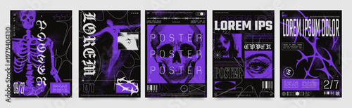 Retro futuristic posters with cyber sigilism shapes and gothic typography. Grunge urban dark punk aesthetic poster with halftone purple graphic elements, streetwear print template vector set