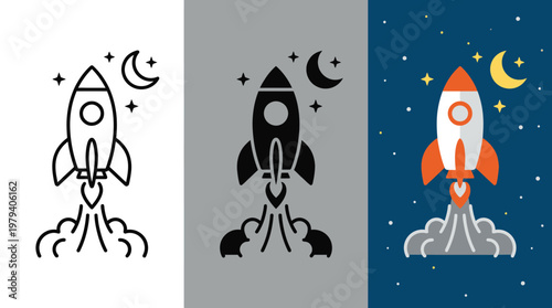 Rocket Ship Launching into Starry Night Sky with Moon
