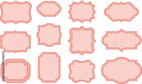 Vintage label collection set, pink decorative frame and blank tag icons for wedding invitation or product packaging vector