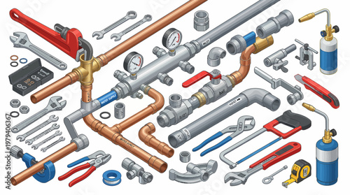 Isometric Plumbing Tools and Fittings Illustration Wrenches Pipes and Blowtorches.