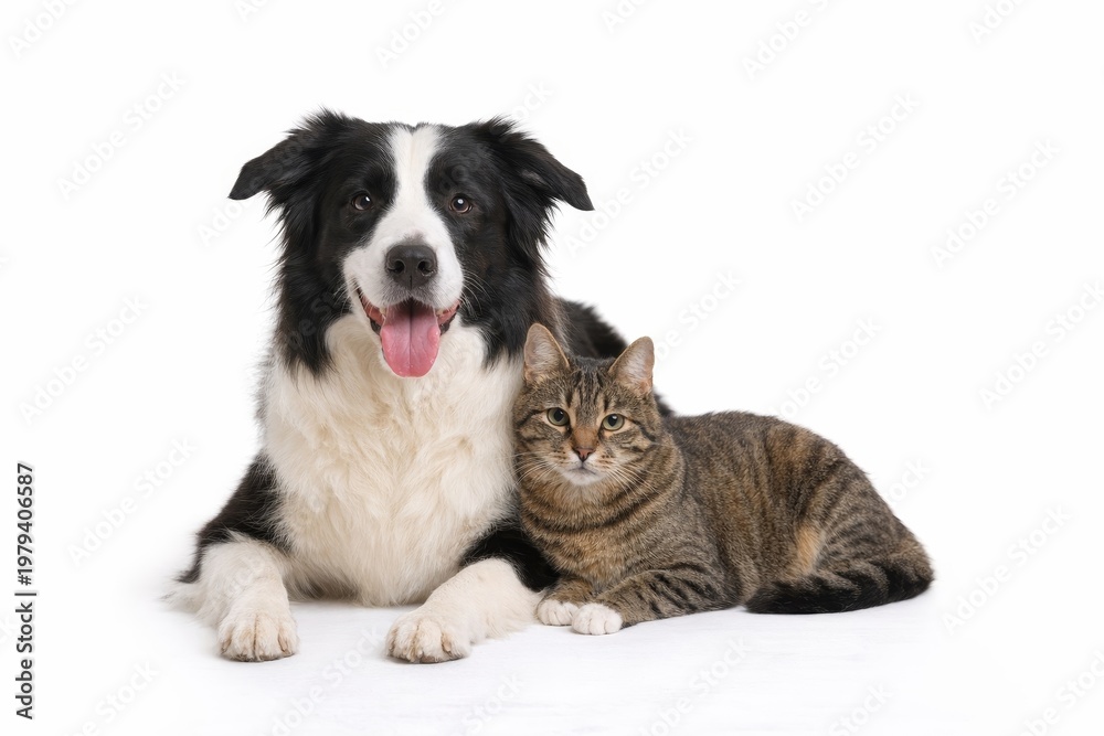 Fototapeta premium A fluffy black and white border collie lies alongside a striped tabby cat on a white background, showcasing a serene and friendly bond.
