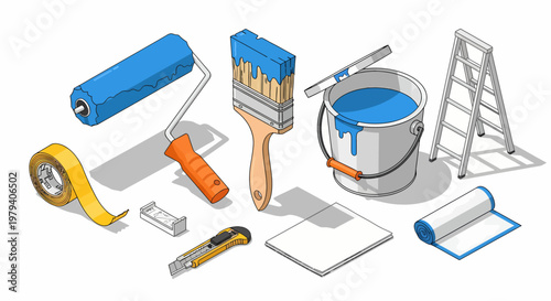 Isometric View of Painting Tools and Equipment for Home Renovation.