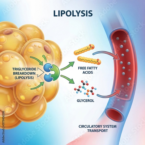 Detailed biological illustration of the metabolic breakdown of lipids, converting stored fat into vital energy components for systemic transport