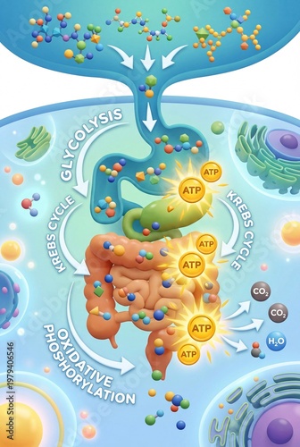 Visualizing the intricate process of human cellular metabolism, detailing nutrient breakdown, glycolysis, Krebs cycle, and ATP energy synthesis within the body