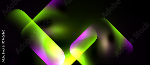 Abstract shapes blend vibrant green, purple hues against black background. Soft glow creates dynamic composition. Modern design element.