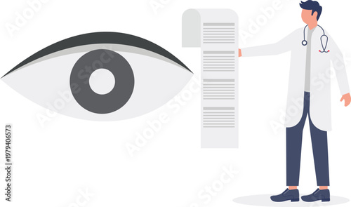 Doctor holding a report in front of a giant human eye