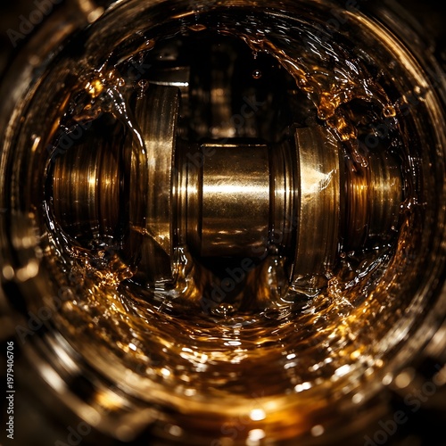Dramatic View Inside a High-Performance Engine with Golden Lubricating Oil Splashing on Steel Crankshaft