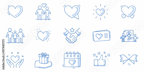 Collection of hand drawn blue line icons representing love and relationships