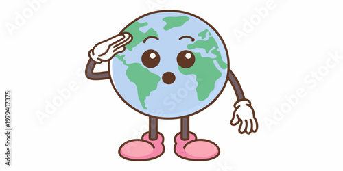 A cartoon earth character salutes with a surprised expression