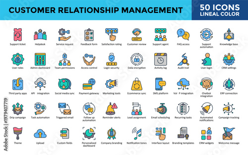 Customer Relationship Management icons set with support ticket, helpdesk, service request, feedback form, satisfaction rating, campaign tracking 
 icon. Simple lineal color vector 
