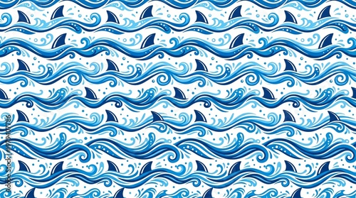 Shark fins pattern in ocean waves seamless design marine themed vector illustration blue and white underwater repeating backdrop sea life artwork