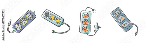 Hand-drawn power strip vector set, collection of 4 electric extension cord icons, colorful doodle style socket outlet illustrations for home office