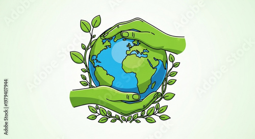 Green hands cradling earth globe with leaves symbolizing eco friendly care and environmental protection