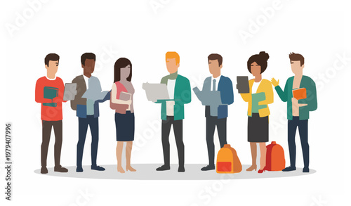 Young people students and staff with gadgets education vector illustration