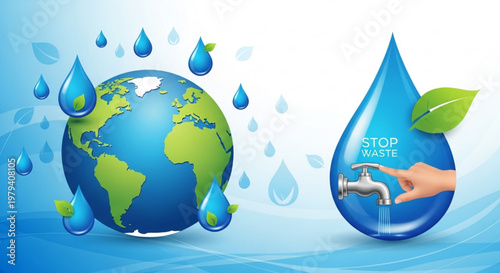 Earth with water droplets and a hand stopping waste symbolizing conservation and sustainability