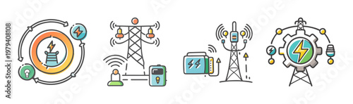 Smart energy grid icons set, electric power infrastructure vector illustrations, renewable electricity generation and distribution symbols