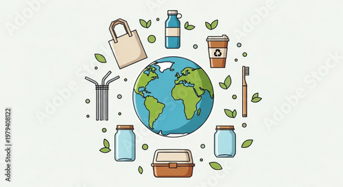 Earth surrounded by eco friendly items for sustainable living and reducing waste