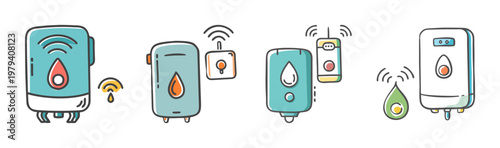 Smart water heater vector icons, intelligent home heating system set, wireless boiler control illustrations, modern domestic gas heater appliances
