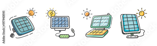 Hand-drawn solar panel vector set, portable solar charger illustrations, renewable energy equipment icons, sustainable power technology collection