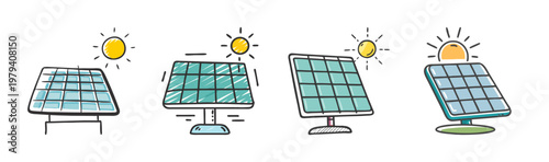 Hand-drawn solar panel icons set, renewable energy doodle illustrations with sun, sustainable green power technology vector elements