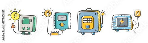 Hand-drawn solar power inverter icons, renewable energy equipment set, cartoon style photovoltaic system components, sustainable electricity vector
