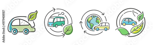 Eco-friendly transportation icons set, green electric car and sustainable bus vector illustrations, environmental recycling symbols with leaves and earth globe