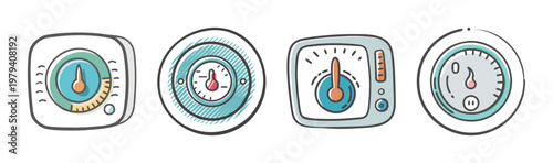 Hand drawn thermostat icon set, vintage climate control dials in doodle style, set of 4 vector temperature gauges for smart home heating