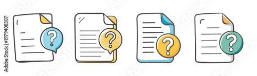 Hand drawn document icons with question marks, set of 4 colorful paper file vectors, doodle style help and support documentation symbols