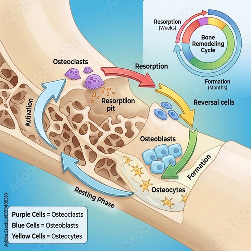 Bone Remodeling Cycle A Detailed Illustration of Osteoclasts and Osteoblasts in Bone Renewal