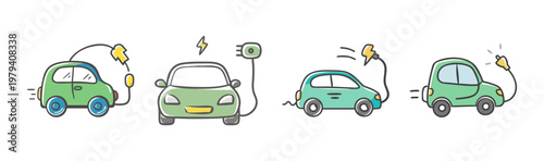Hand drawn electric car vector set, green eco friendly vehicle icons, sustainable transport illustrations with charging cable and battery plug