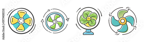 Electric fan icon set, 4 colorful cooling ventilator vector elements, rotating air blower symbols for climate control and ventilation design