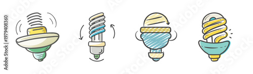 Hand drawn light bulb icons set, energy saving fluorescent lamps in doodle style, creative idea and innovation concept vector illustrations