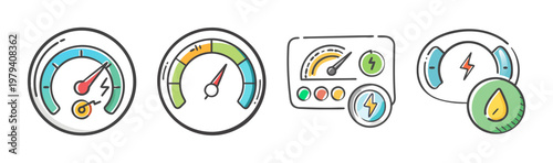 Energy efficiency dashboard icons set, colorful power consumption meter gauges, sustainable electricity usage indicators, 4 vector graphic elements