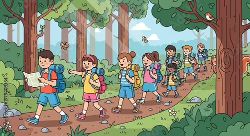 Children hiking, kids with backpacks, forest adventure, outdoor education, nature walk