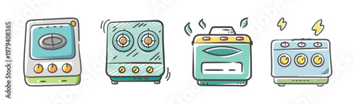 Hand drawn kitchen appliances set, vintage cooking equipment icons, retro stove and oven vector illustrations, 4 colorful household electronics