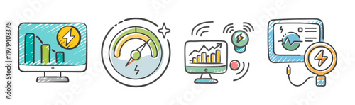Energy consumption monitoring icons, smart power management dashboard set, electricity usage analytics vector, sustainable resource tracking graphics