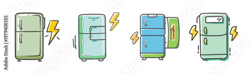Retro refrigerator vector set, vintage kitchen fridge icons with lightning bolts, collection of 4 colorful household appliances for kitchen repair