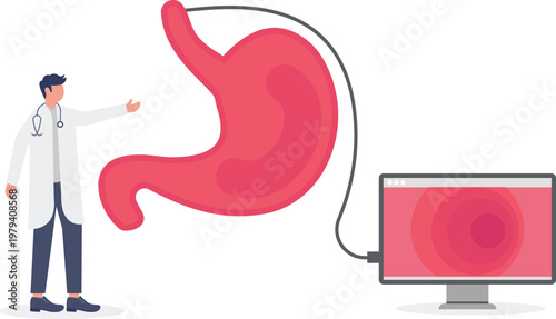 Doctor checking giant stomach on a digital monitor